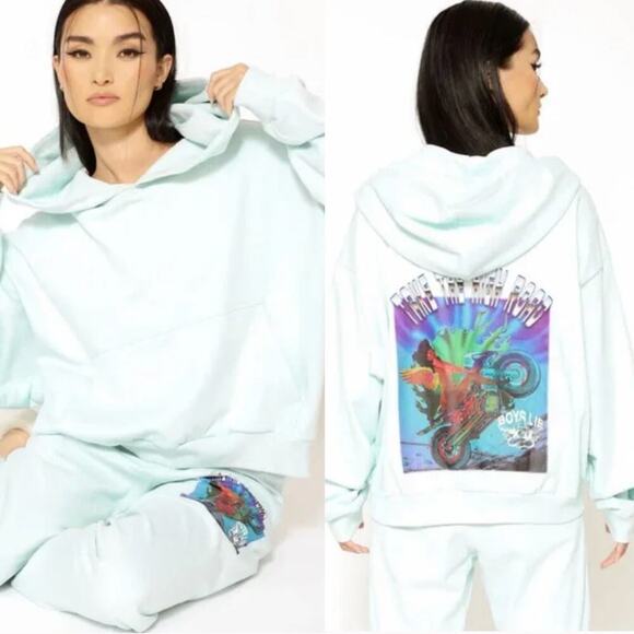 Boys Lie Take The High Road Hoodie Sweatshirt Fleece Mint‎ Green Blue One Size - Picture 1 of 16